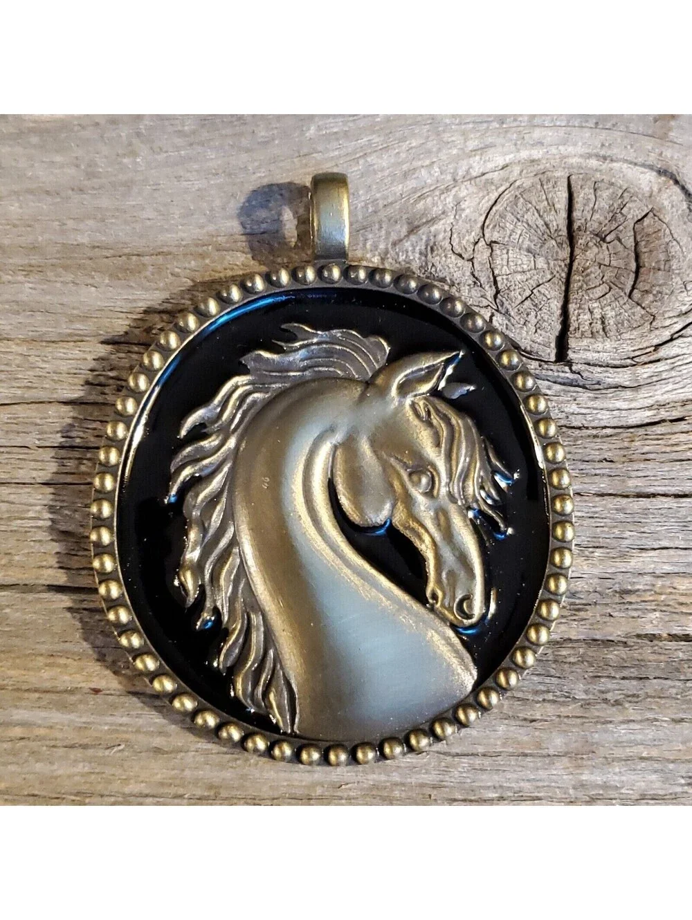 Wild Horse Long Mane Brushed Bronze Black Enamel 67mm Oval Statement Pendant